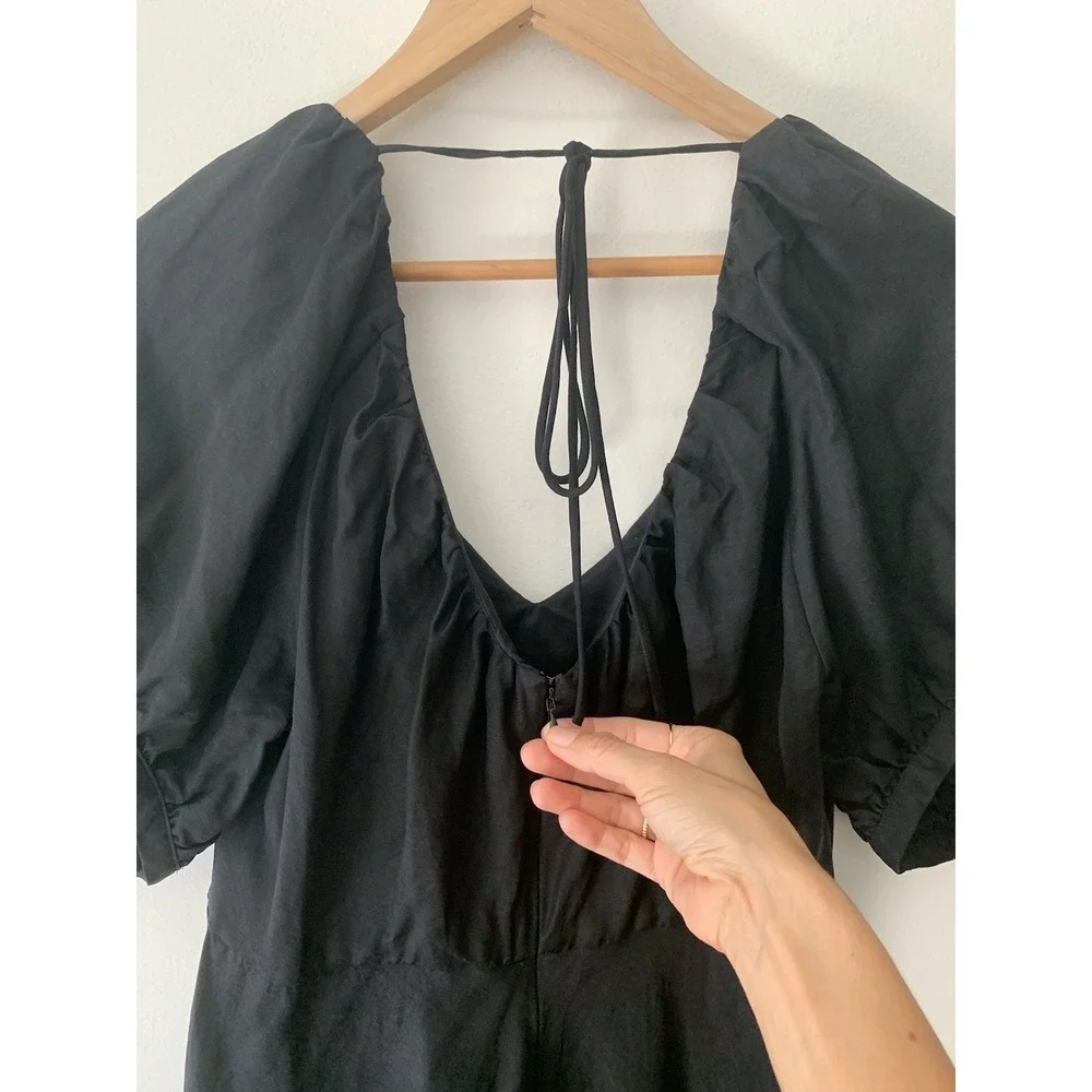 Banana Republic Viscose Linen Midi/Maxi Black Dress 12 Puff Sleeve Silky Tie - Picture 6 of 12